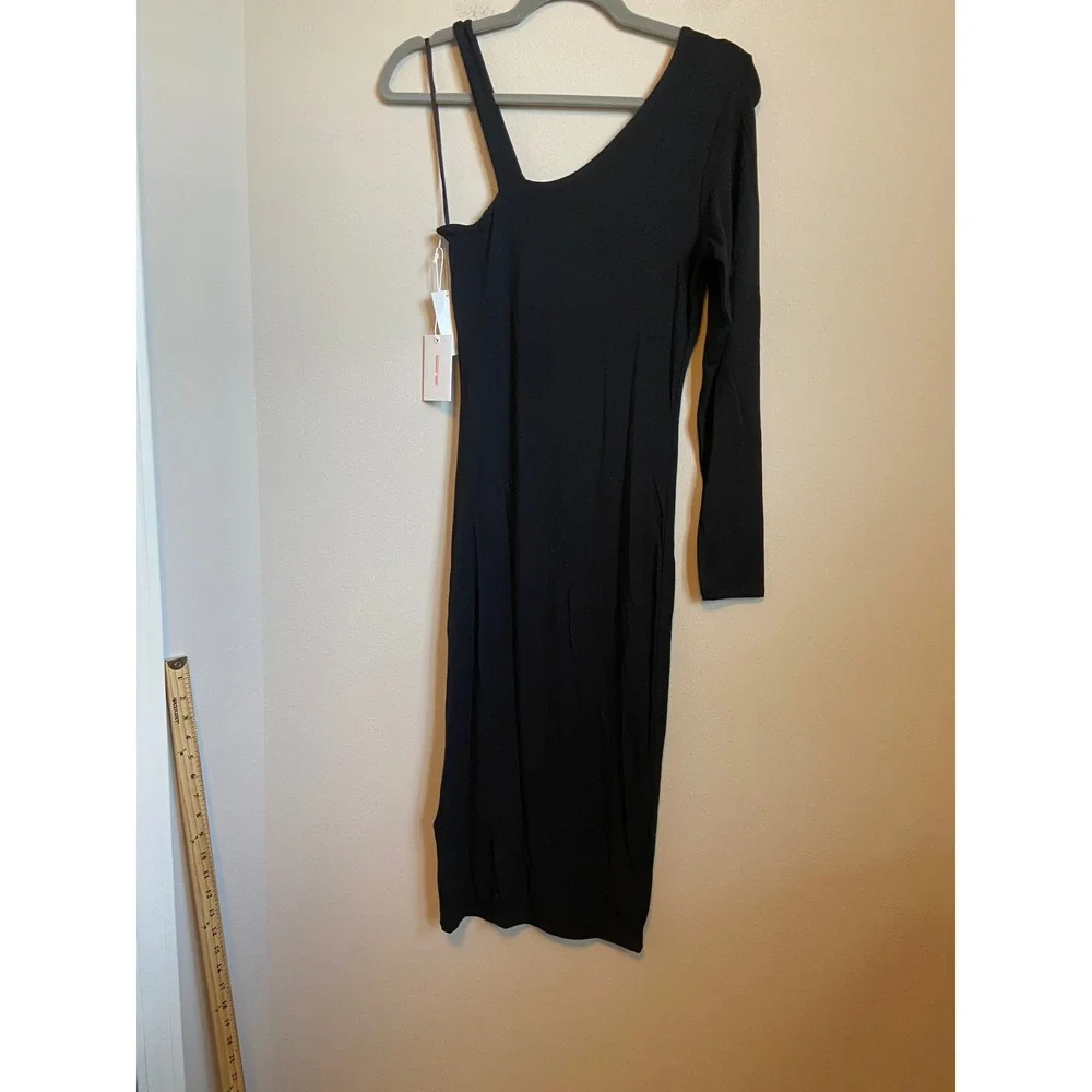 Good American Asym Long Sleeve Dress Black One Shoulder Midi Size 2 Medium NEW‎